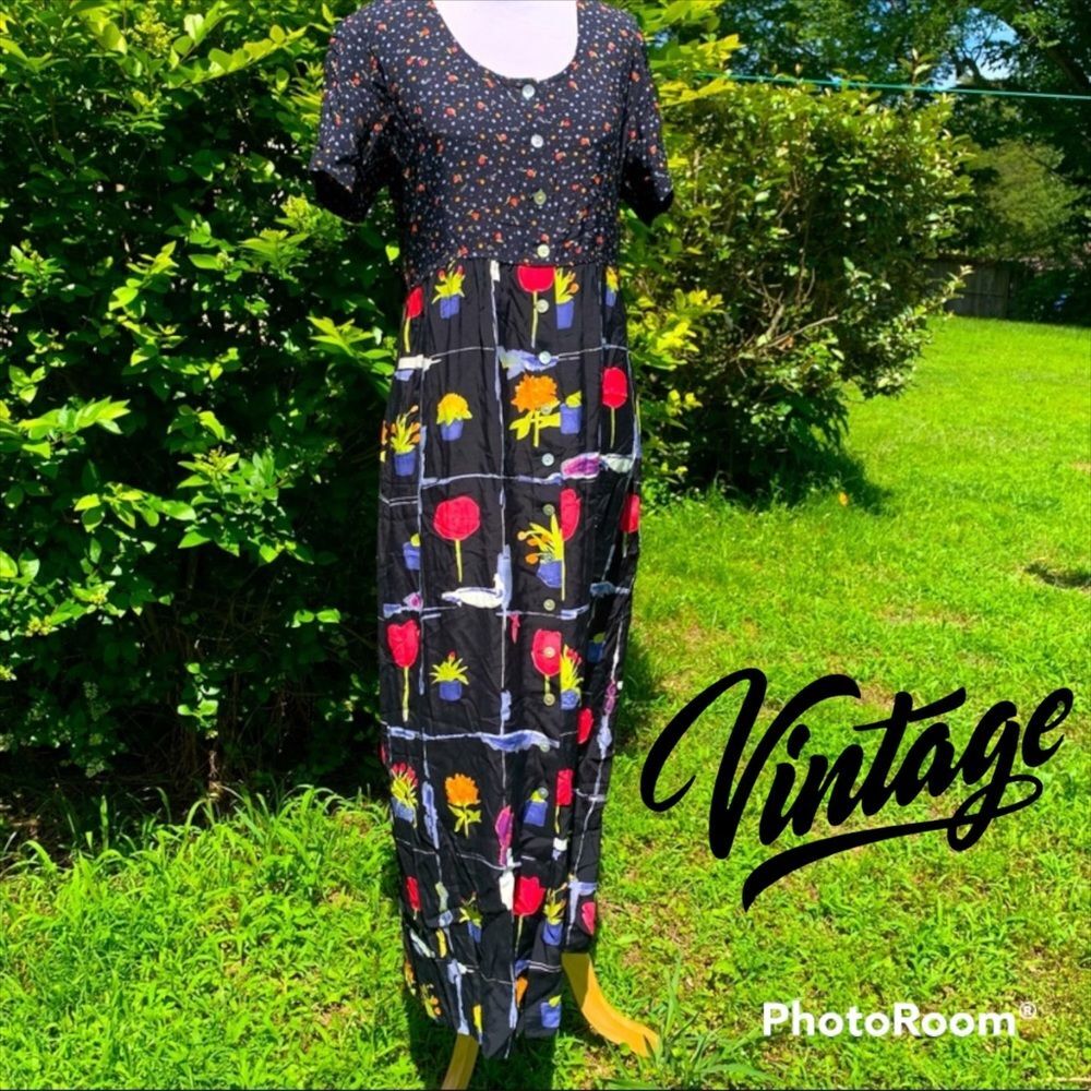 Vintage Ditsy Floral Colorblock Plant Print Button Detail Maxi Dress w/ Pockets!